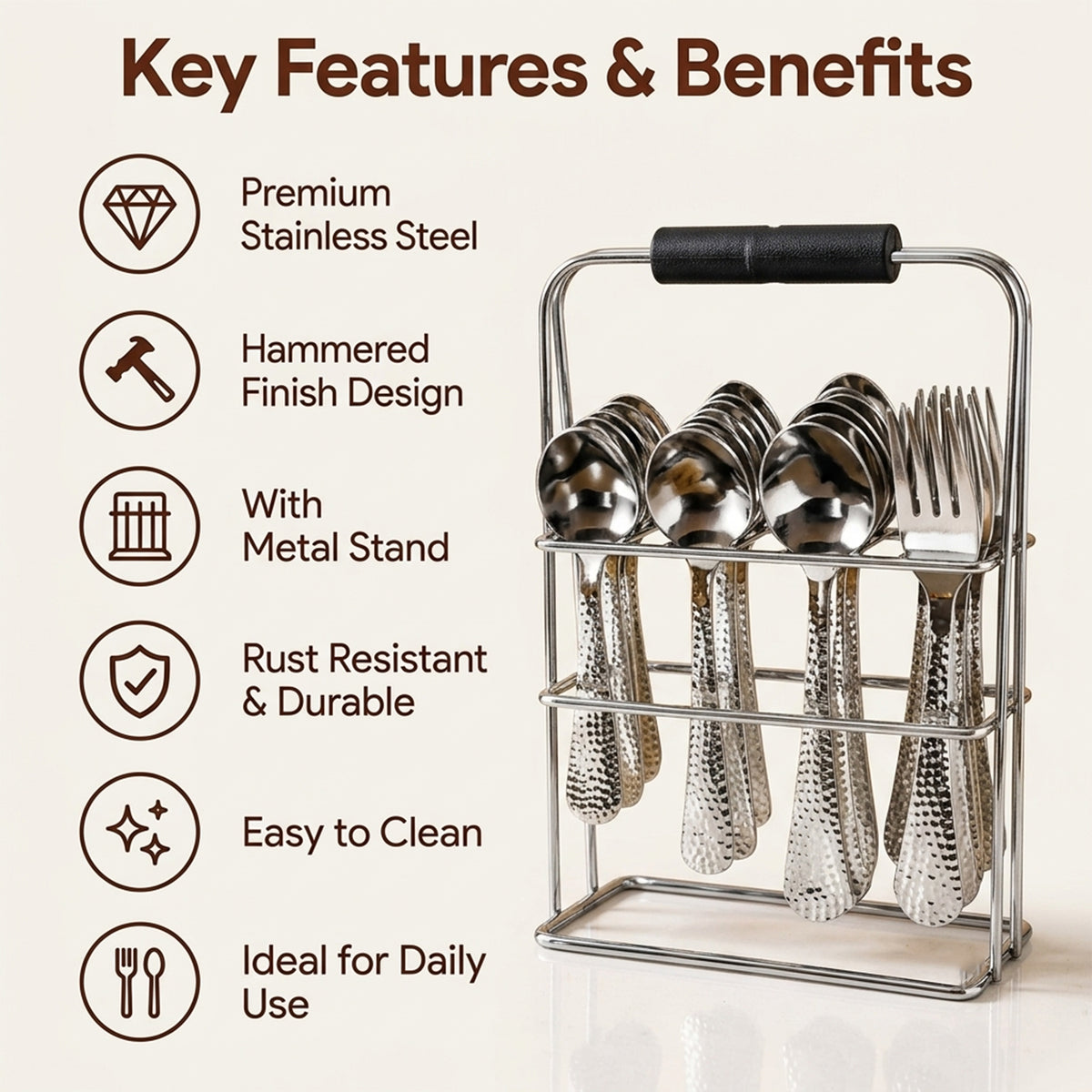 Hammered stainless steel cutlery set with metal stand 8