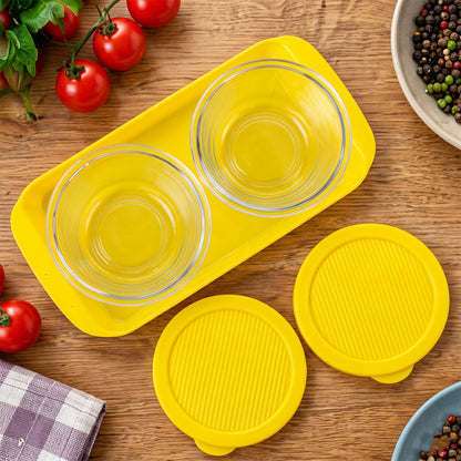 Glass Bowls with Yellow Lids and Tray