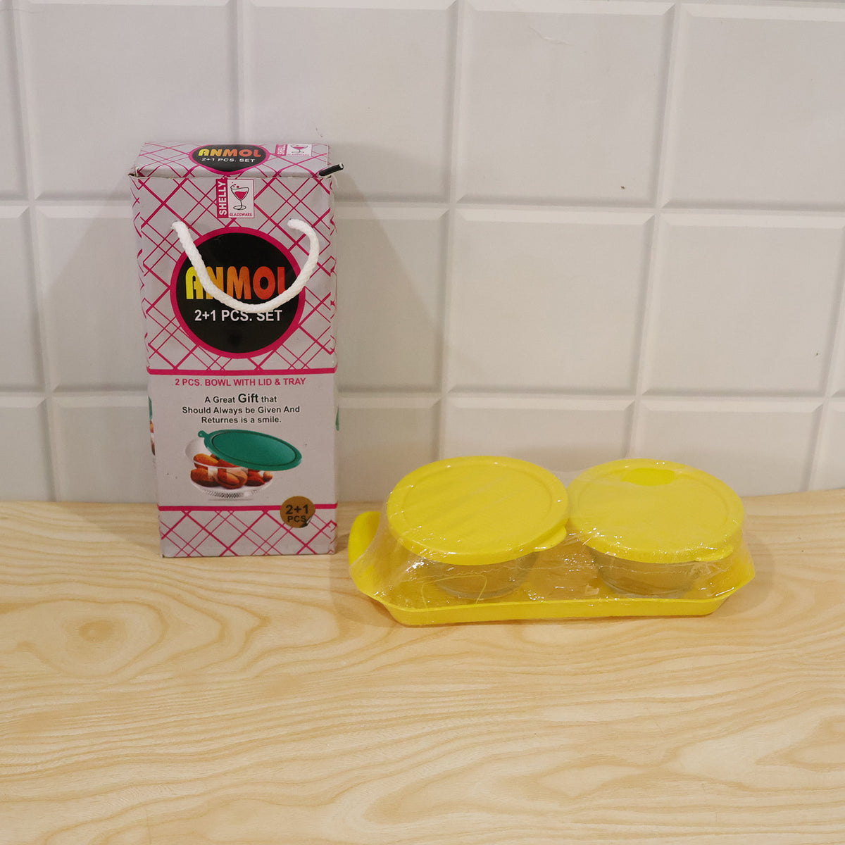 Glass Bowls with Yellow Lids and Tray