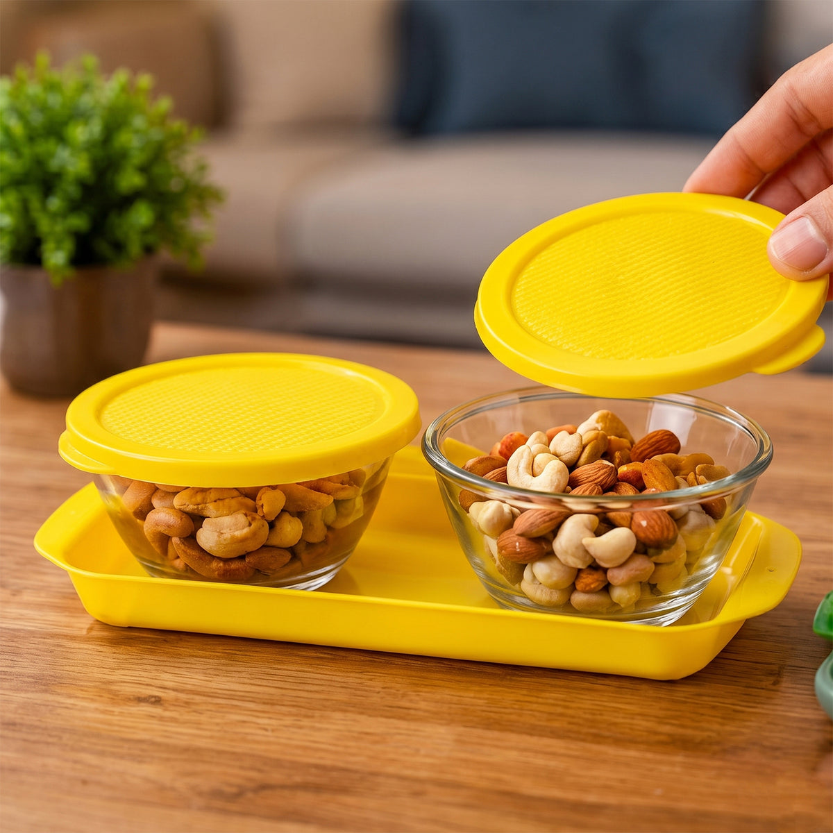 Glass Bowls with Yellow Lids and Tray
