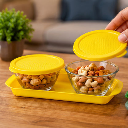Glass Bowls with Yellow Lids and Tray