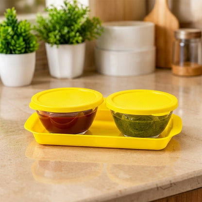 Glass Bowls with Yellow Lids and Tray