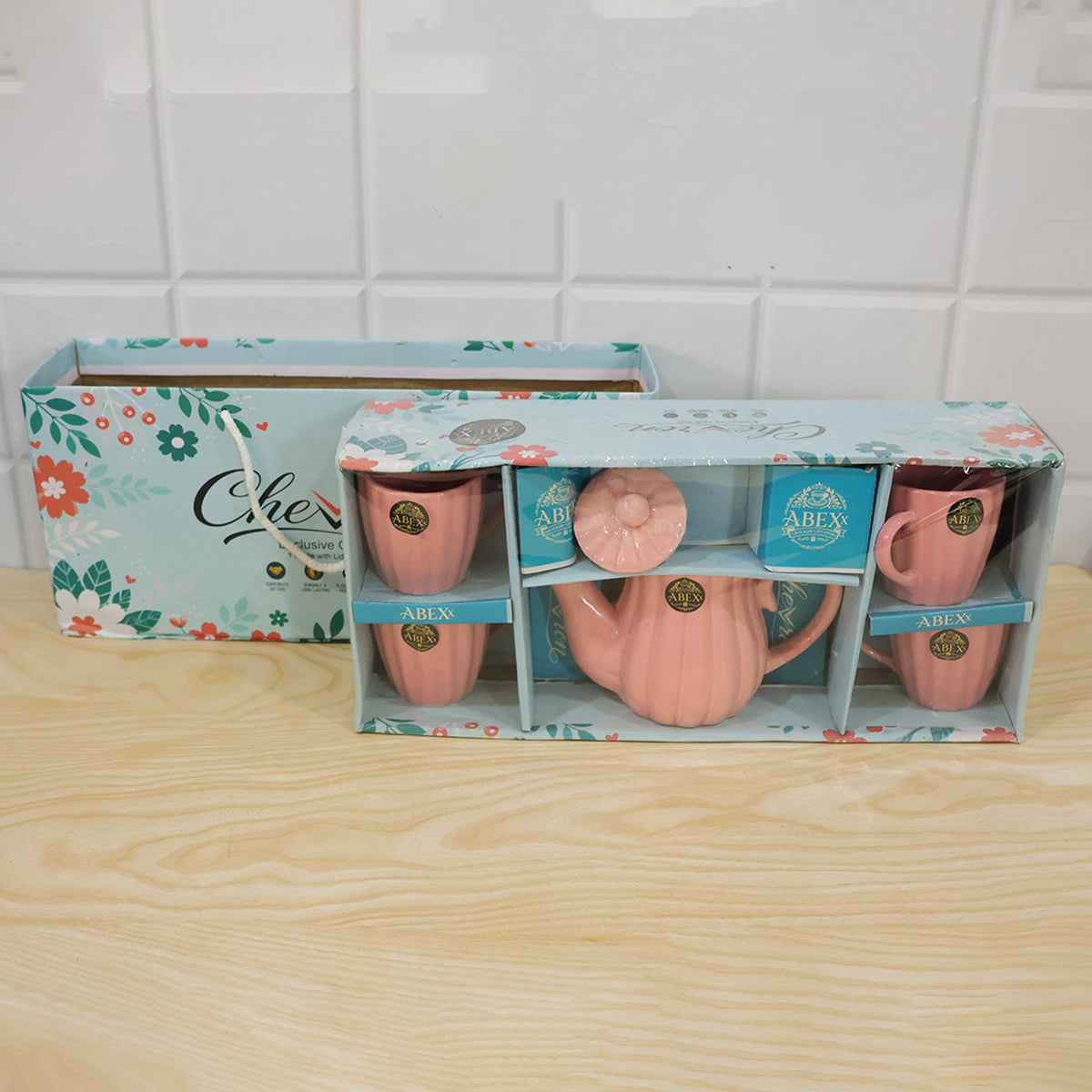 Pink Ribbed Ceramic Tea Set