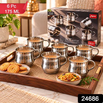 Stainless steel pot shaped tea coffee cups with handles set of six 24686