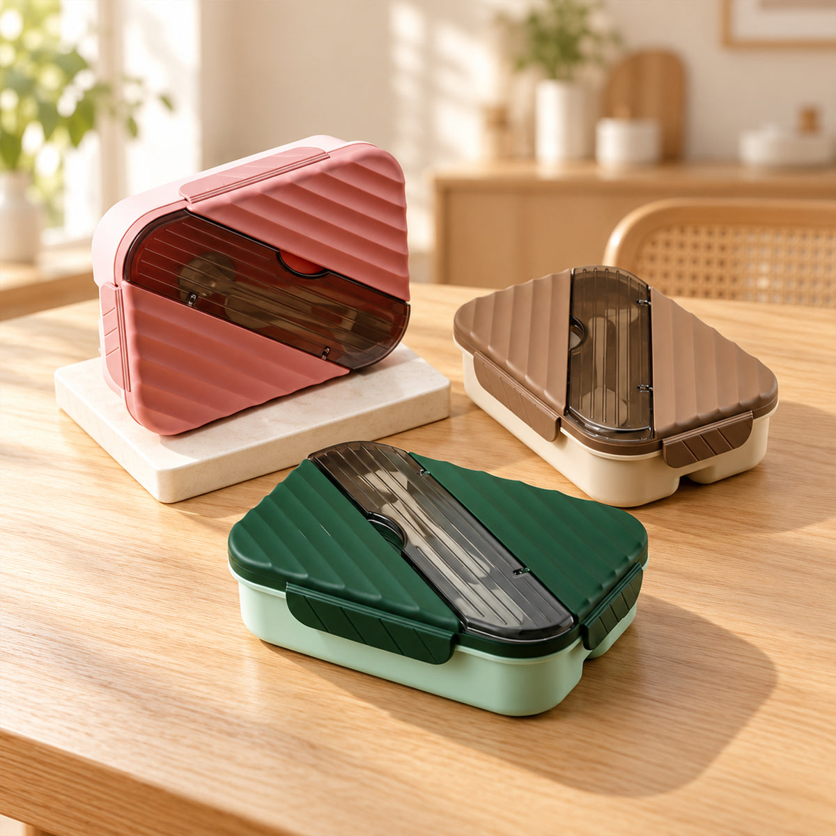 Three compartment lunch box with spoon fork and cutlery storage 11