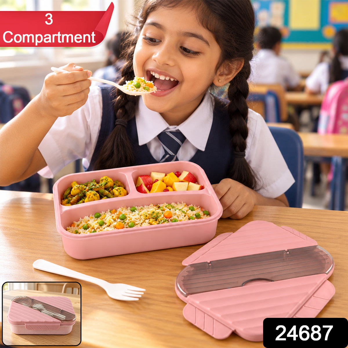 Three compartment lunch box with spoon fork and cutlery storage sku