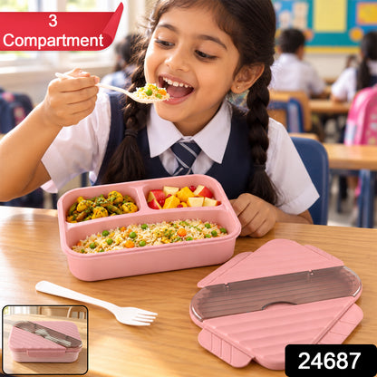 Three compartment lunch box with spoon fork and cutlery storage sku