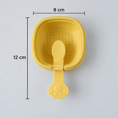 A yellow square silicone mold with a paw-shaped handle is shown with dimensions: 8 cm width and 12 cm length.