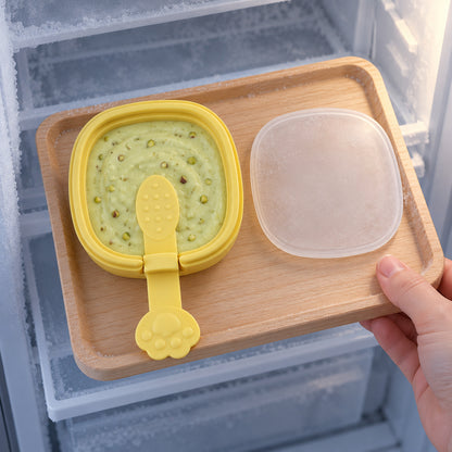A hand places a yellow square mold filled with green pistachio mixture and its clear lid on a wooden tray inside a freezer.