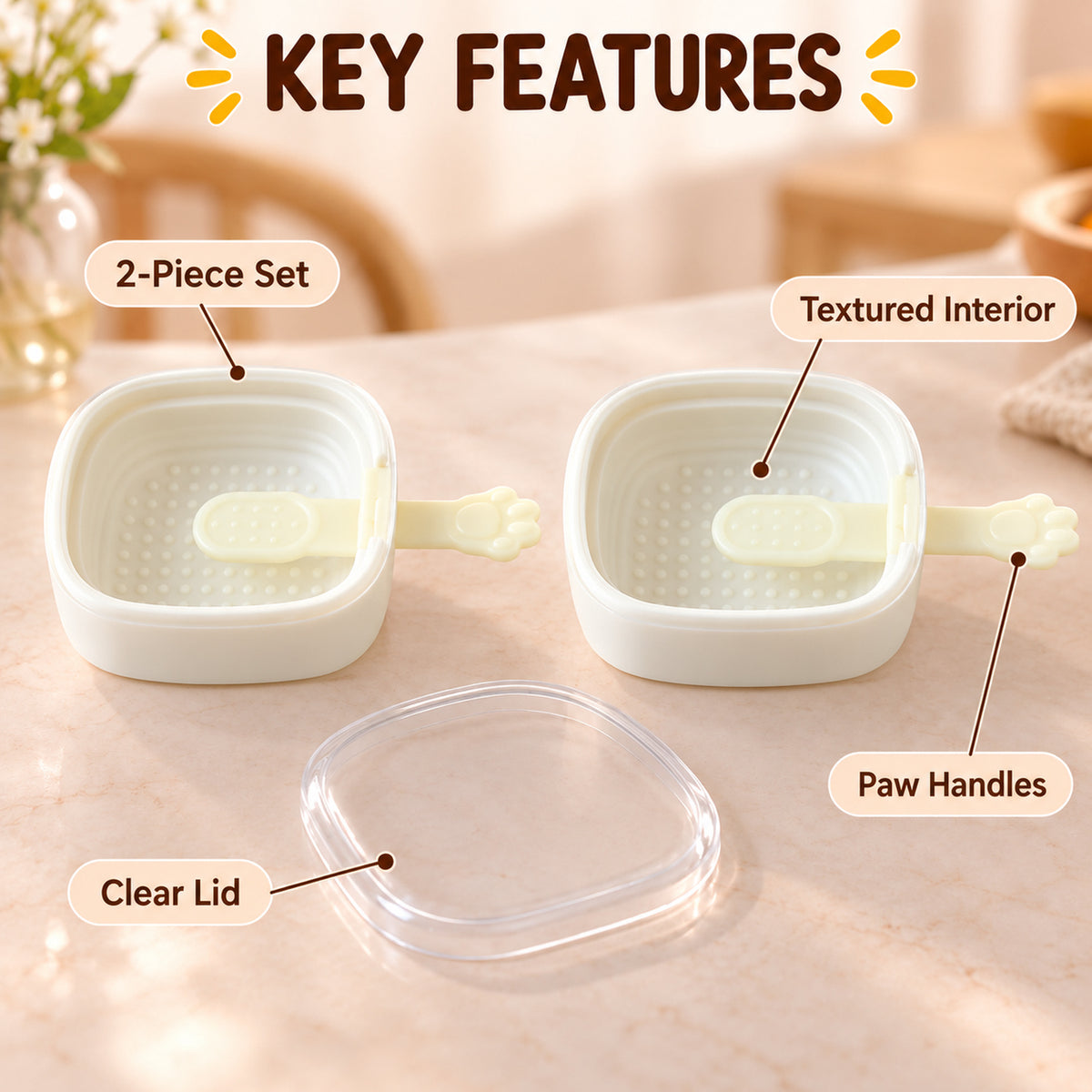 Two white square molds with paw handles and a clear lid are labeled with