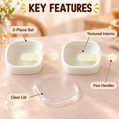 Two white square molds with paw handles and a clear lid are labeled with