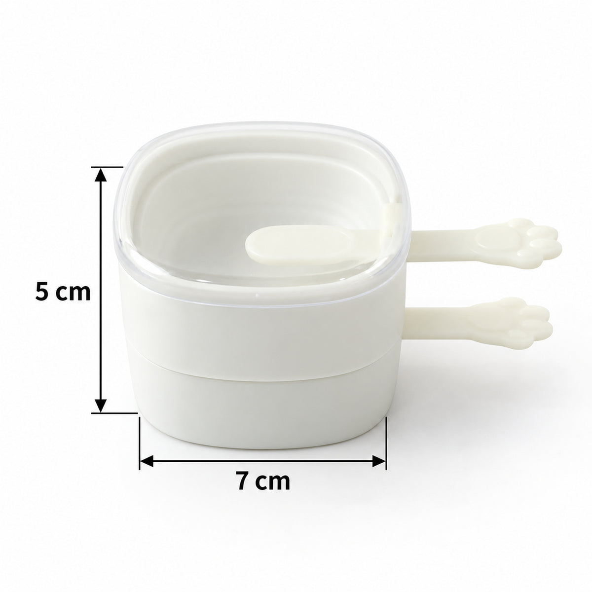 A single white square mold with a paw handle and clear lid shows its dimensions: 5 cm height, 7 cm width.