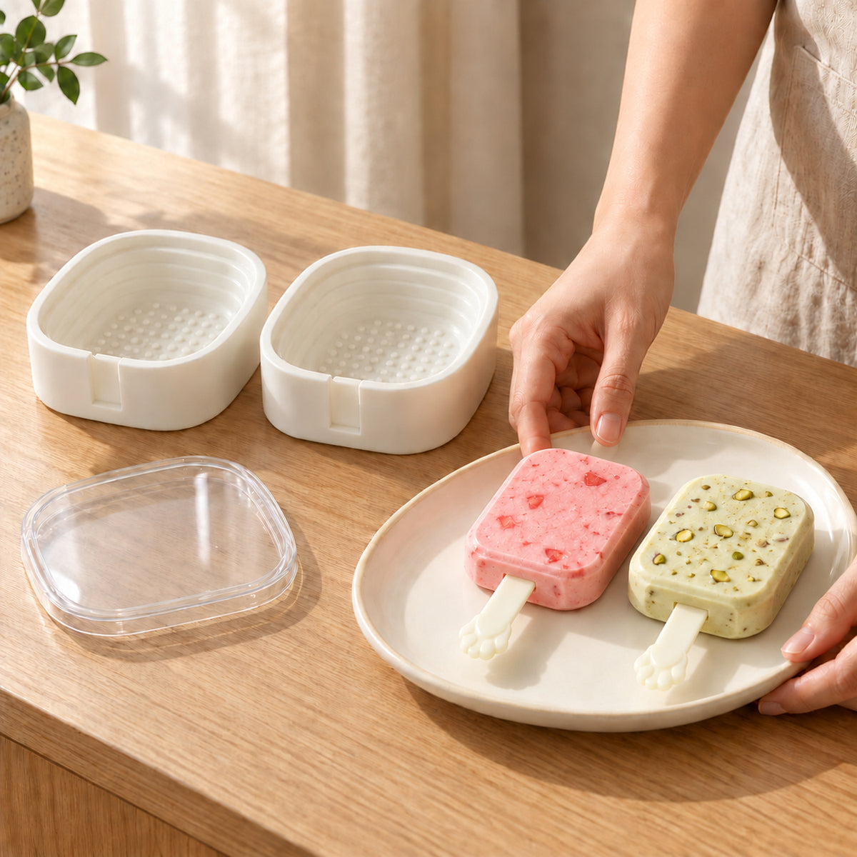 A person presents a white plate with two rectangular ice creams, pink and green, removed from square molds.