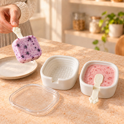 A hand removes a purple blueberry ice cream from a white square mold with a paw-shaped stick, beside a pink one.