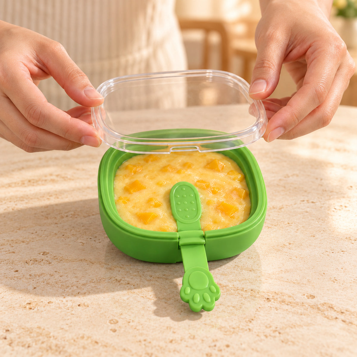 Hands place a clear lid on a green silicone mold filled with yellow fruit puree, featuring a paw-print handle.