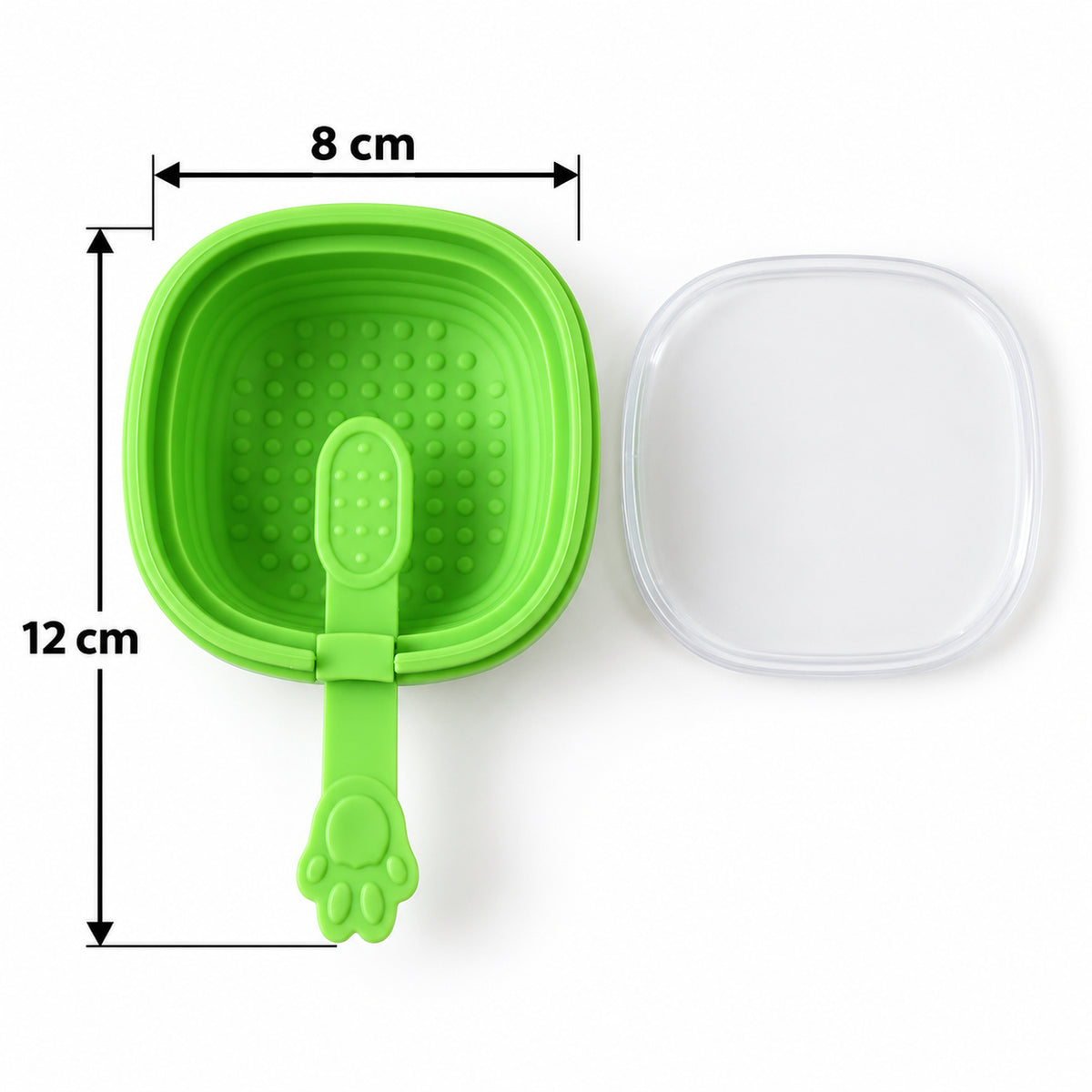 A green silicone ice cream mold with a paw handle and clear lid displays dimensions of 8 cm by 12 cm.