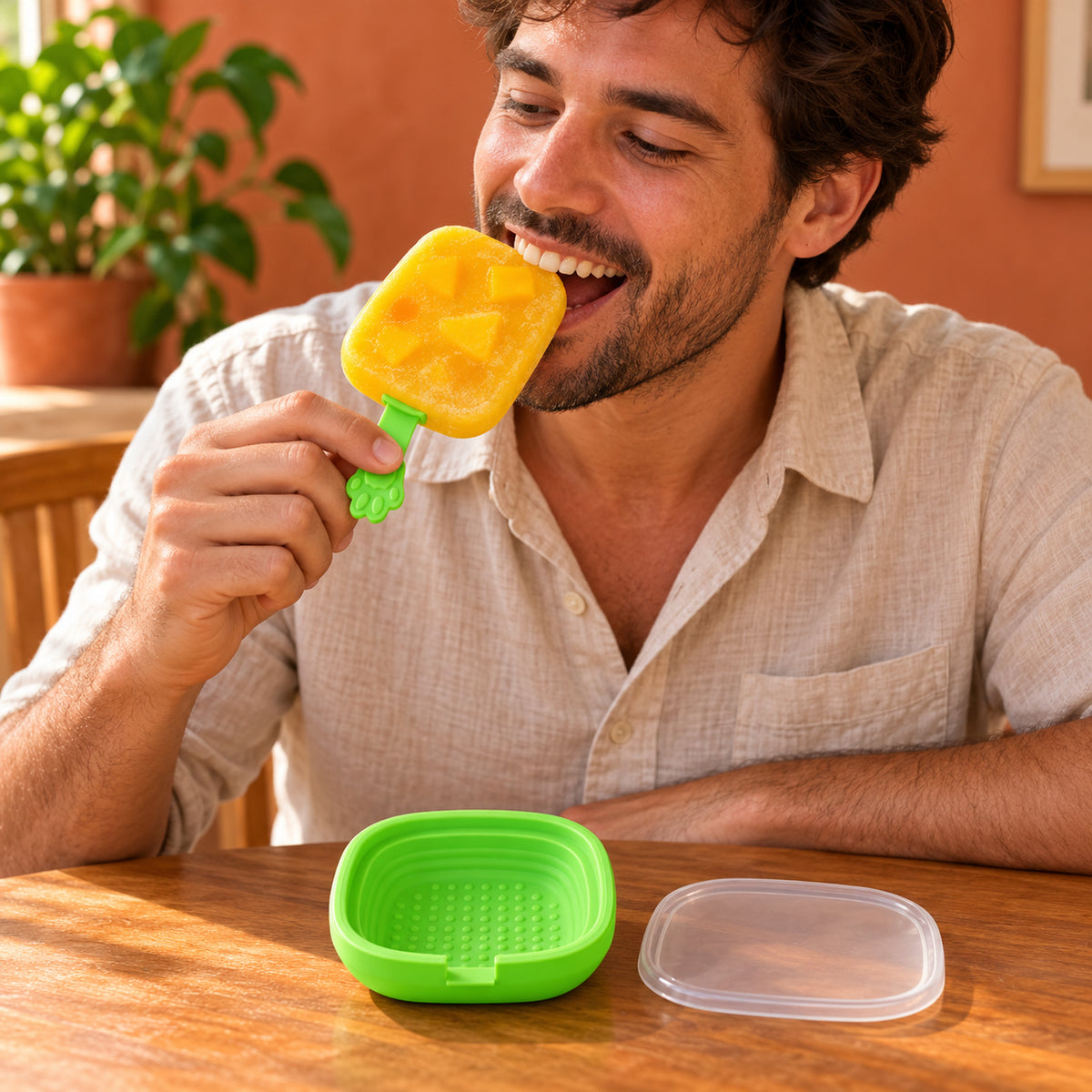 A man with a beard bites into a yellow fruit popsicle with a green paw-shaped handle, sitting at a table.