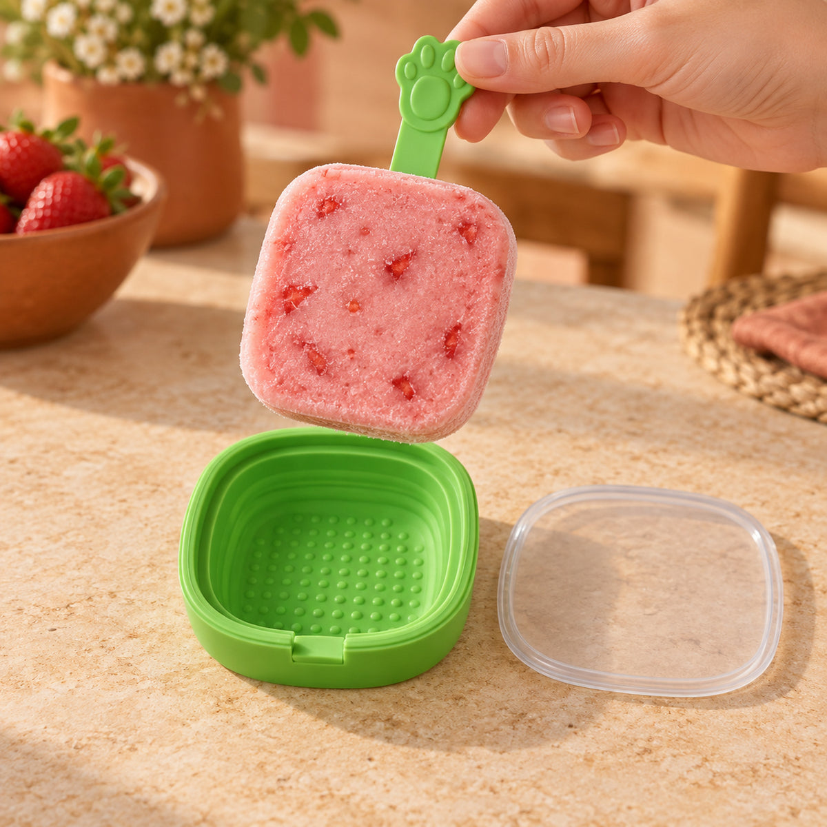 A hand lifts a pink strawberry ice cream bar with a green paw-shaped handle from its green silicone mold.