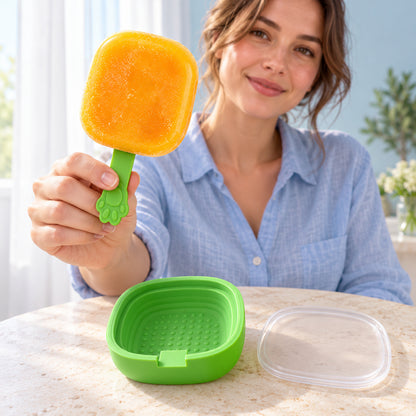 A smiling woman holds up an orange fruit popsicle with a green paw-shaped handle, looking at the camera.