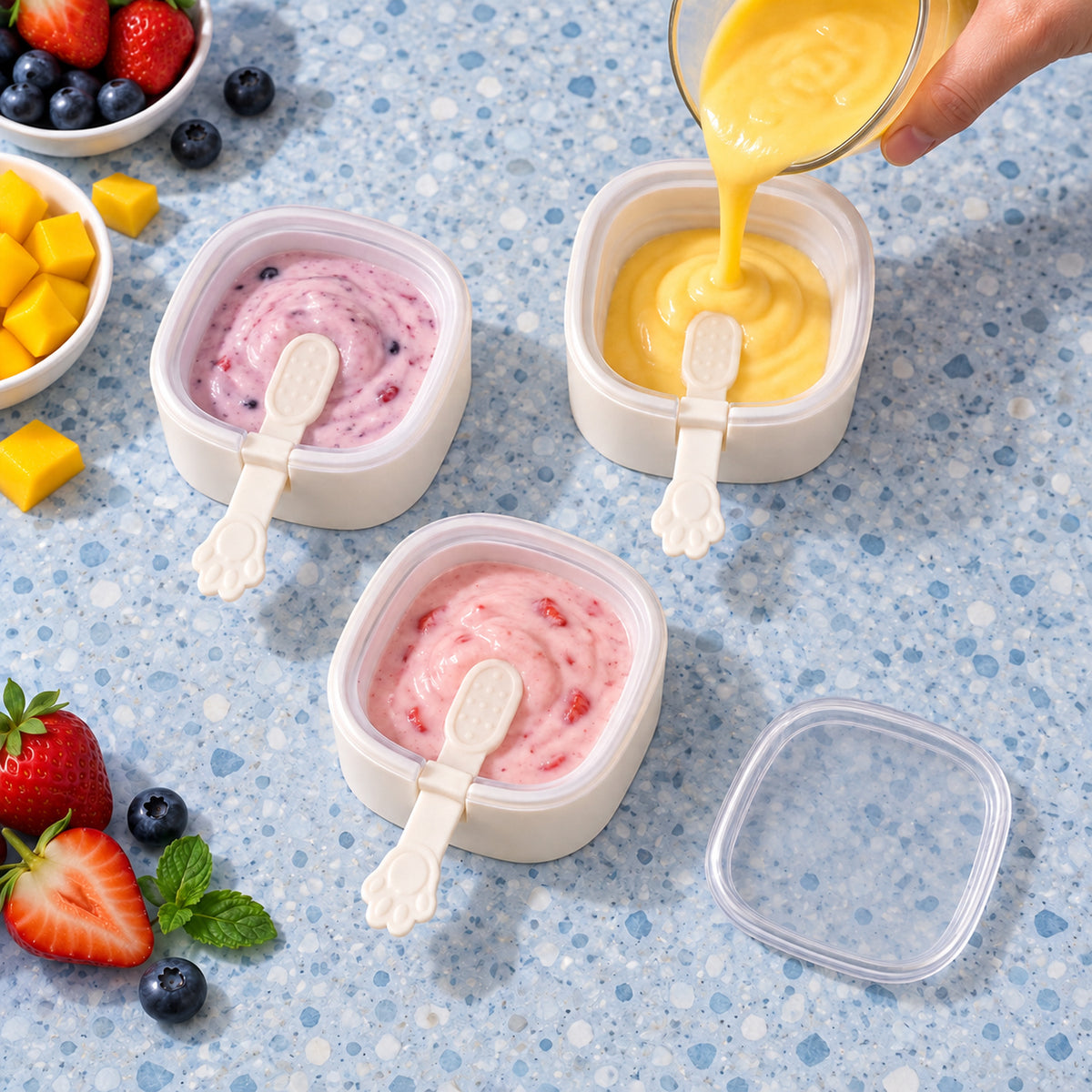 Three square molds with paw handles, filled with pink and yellow purees, one being poured. Strawberries and blueberries are