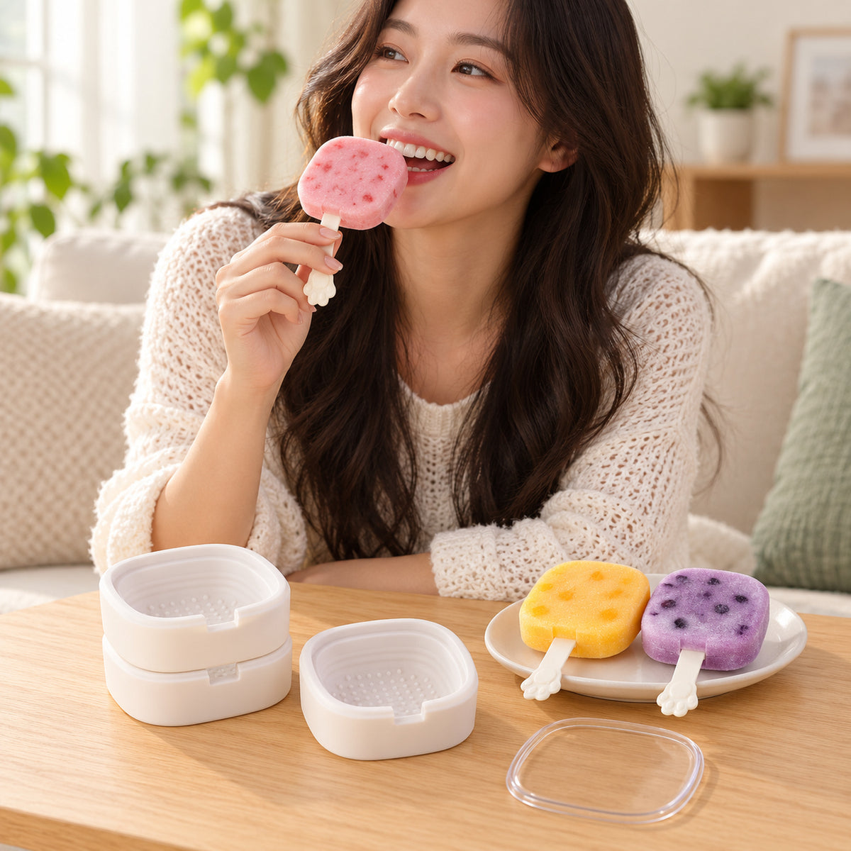 A woman happily eating a pink frozen treat from a mold with a paw handle, two other colorful treats are on a plate.