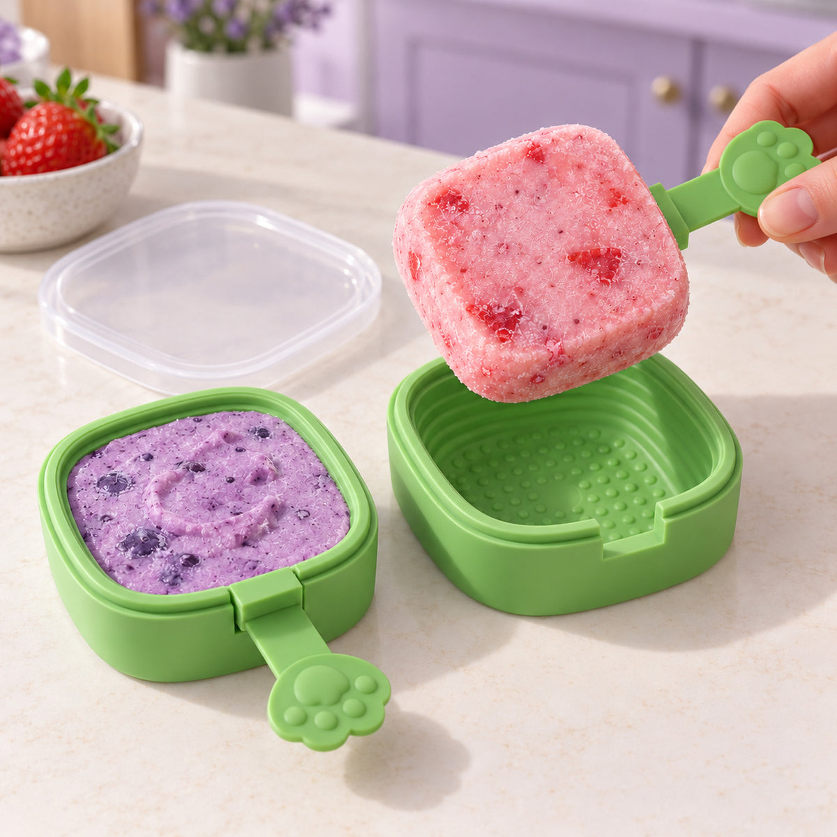 A hand lifts a frozen pink dessert from a green square mold, revealing a purple dessert in a second mold.