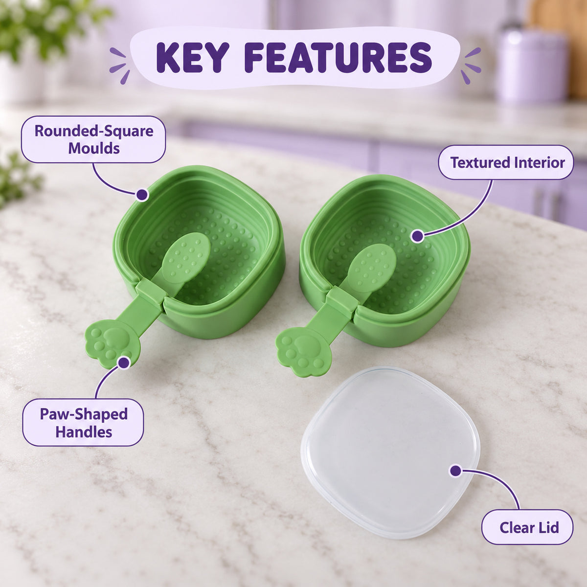 An infographic highlights key features of the green square molds, including textured interior and paw-shaped handles.