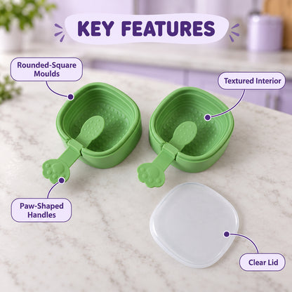 An infographic highlights key features of the green square molds, including textured interior and paw-shaped handles.