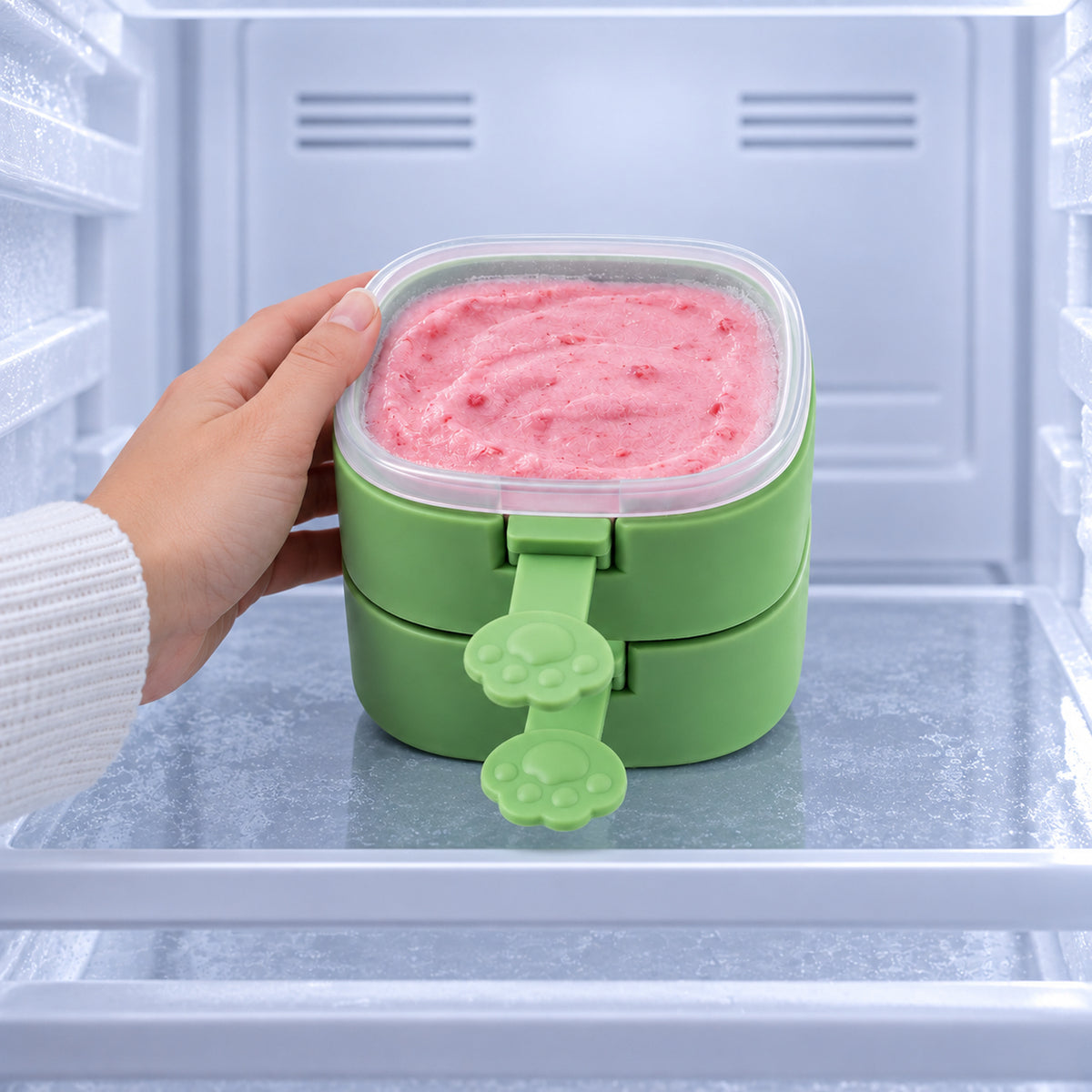 A hand places a green two-layer mold filled with pink dessert and a clear lid inside a cold freezer.