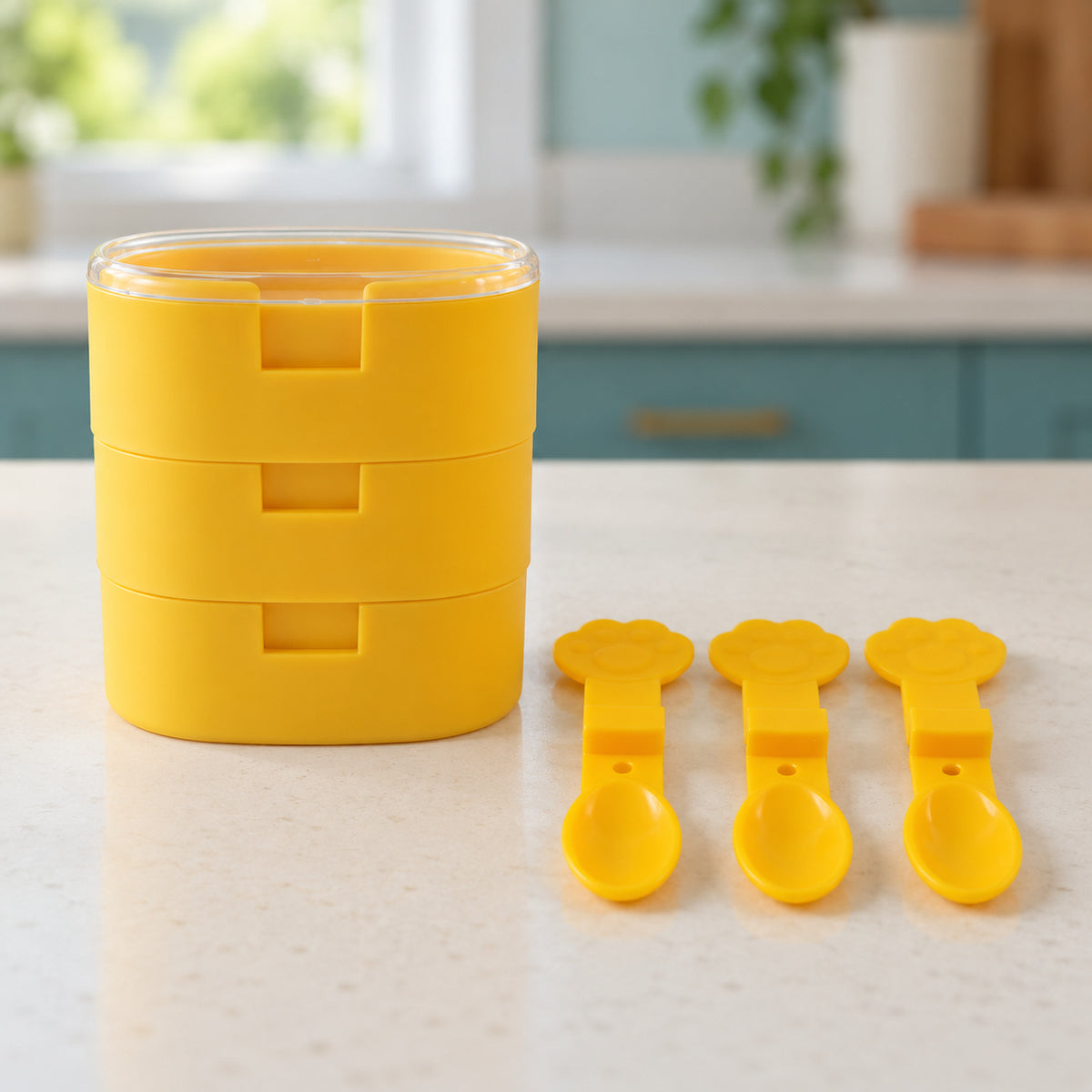 A stack of three yellow square molds with a clear lid, and three separate yellow paw-shaped spoons on a counter.