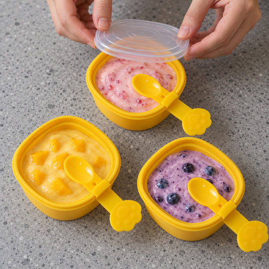 Three yellow square molds filled with different fruit purees, each with a paw-shaped spoon, one lid being placed.