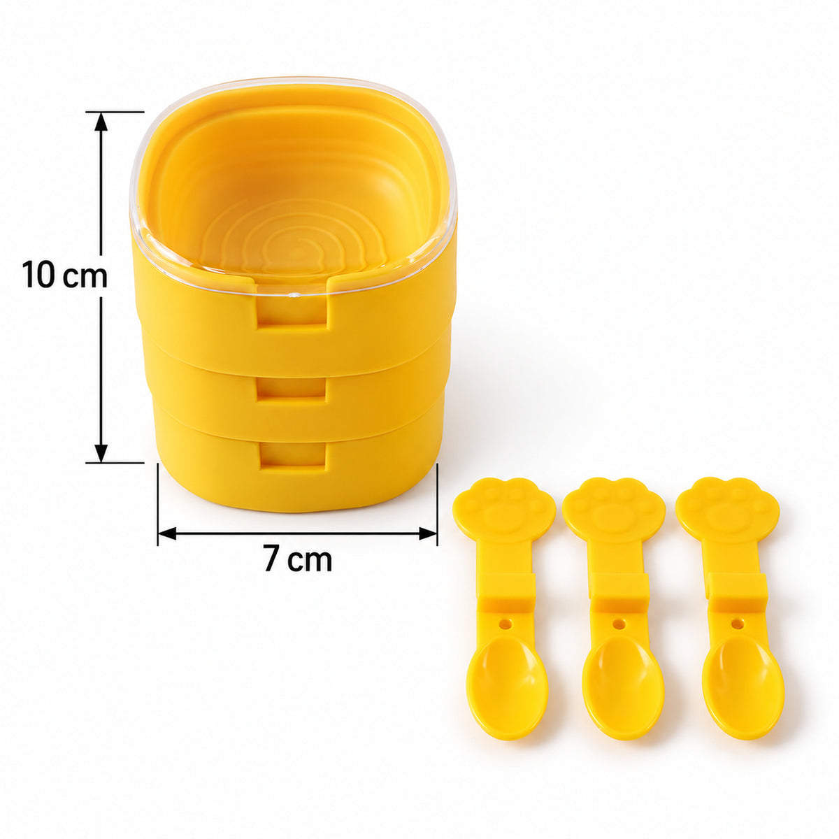 A stack of three yellow molds with a clear lid, and three yellow spoons, with dimensions of 10cm by 7cm.