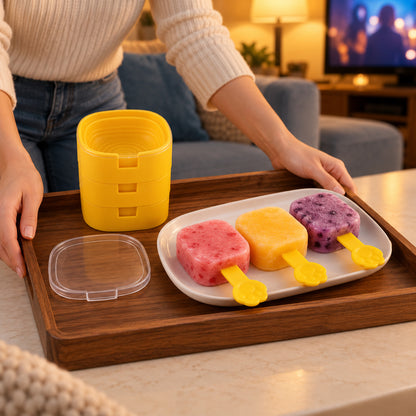 A person carrying a wooden tray with three colorful fruit popsicles and a stack of yellow molds with a lid.