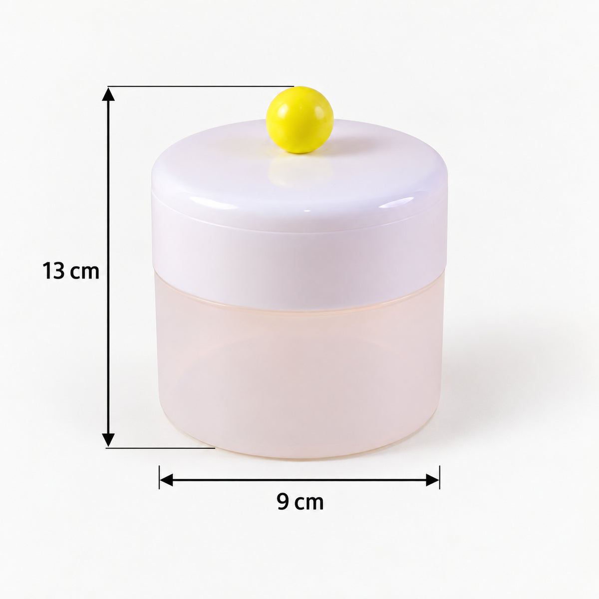 The assembled white and translucent ice cube maker with a yellow knob is shown with dimensions of 13 cm height and 9 cm
