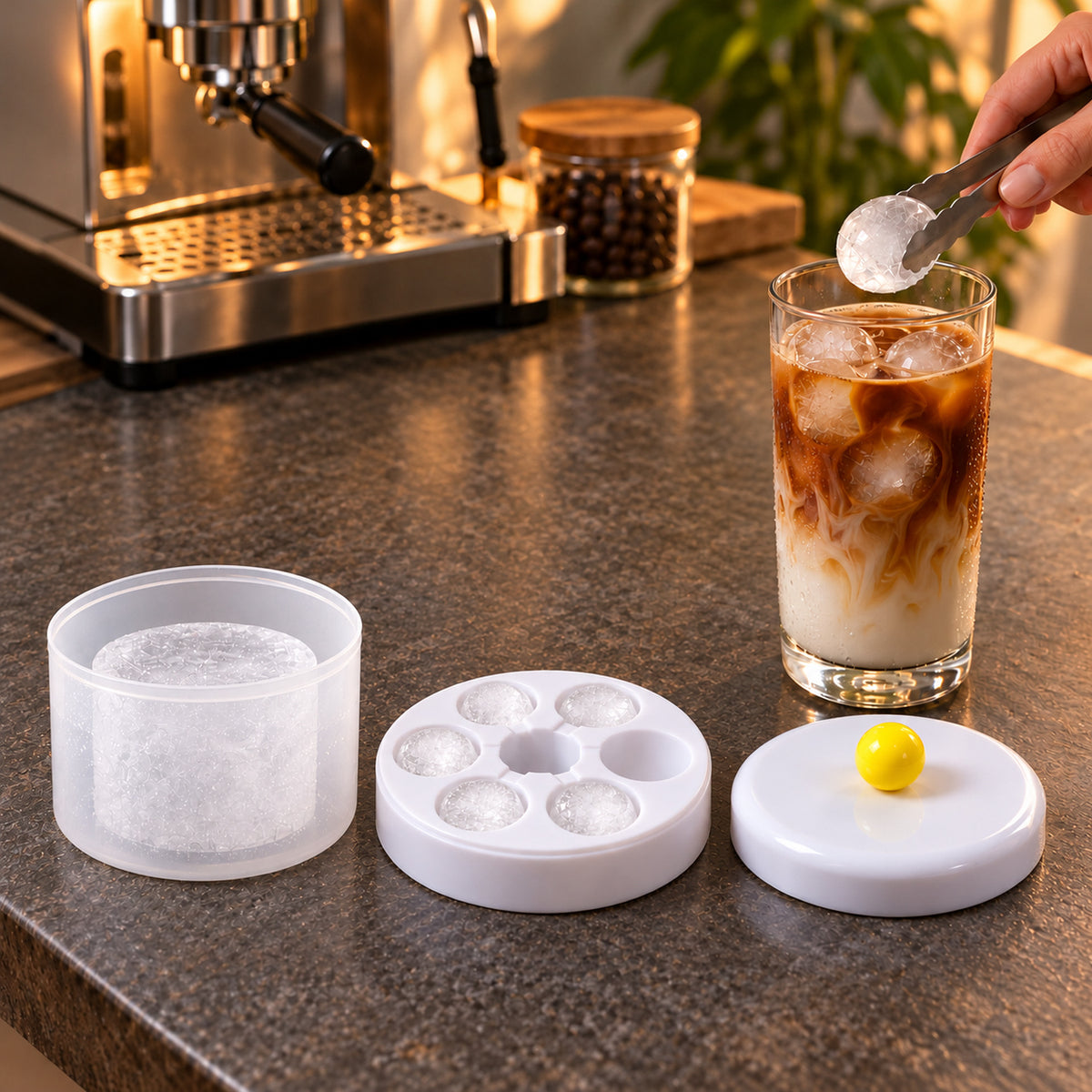 The disassembled ice cube maker sits on a counter next to a glass of iced coffee, with tongs adding a round ice cube.