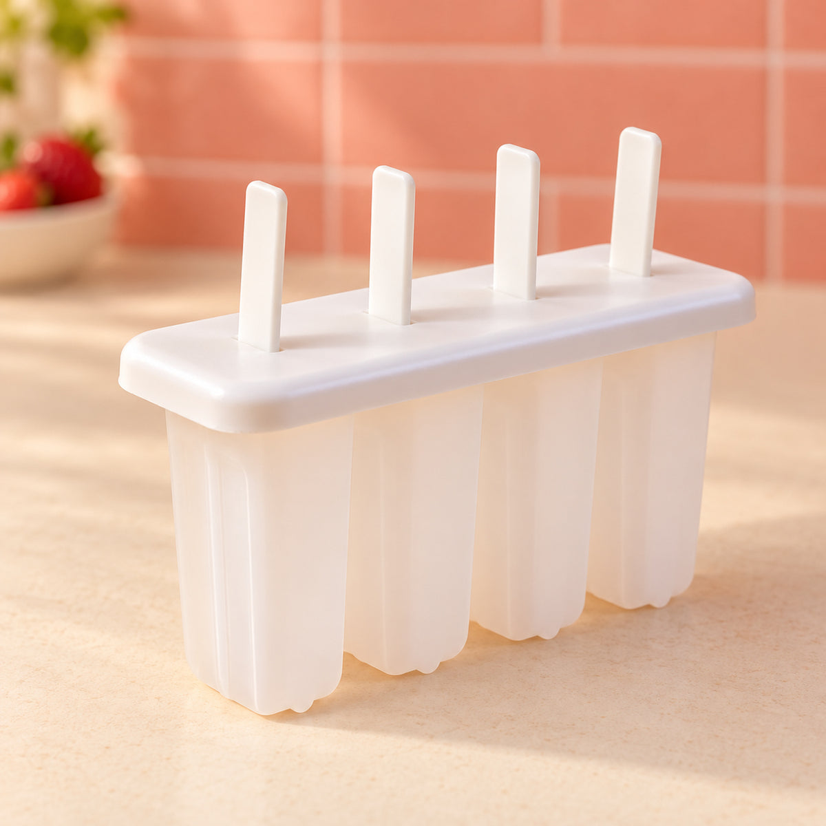 A white 4-cavity popsicle mold with sticks stands on a light countertop, with a blurred background of a kitchen setting.