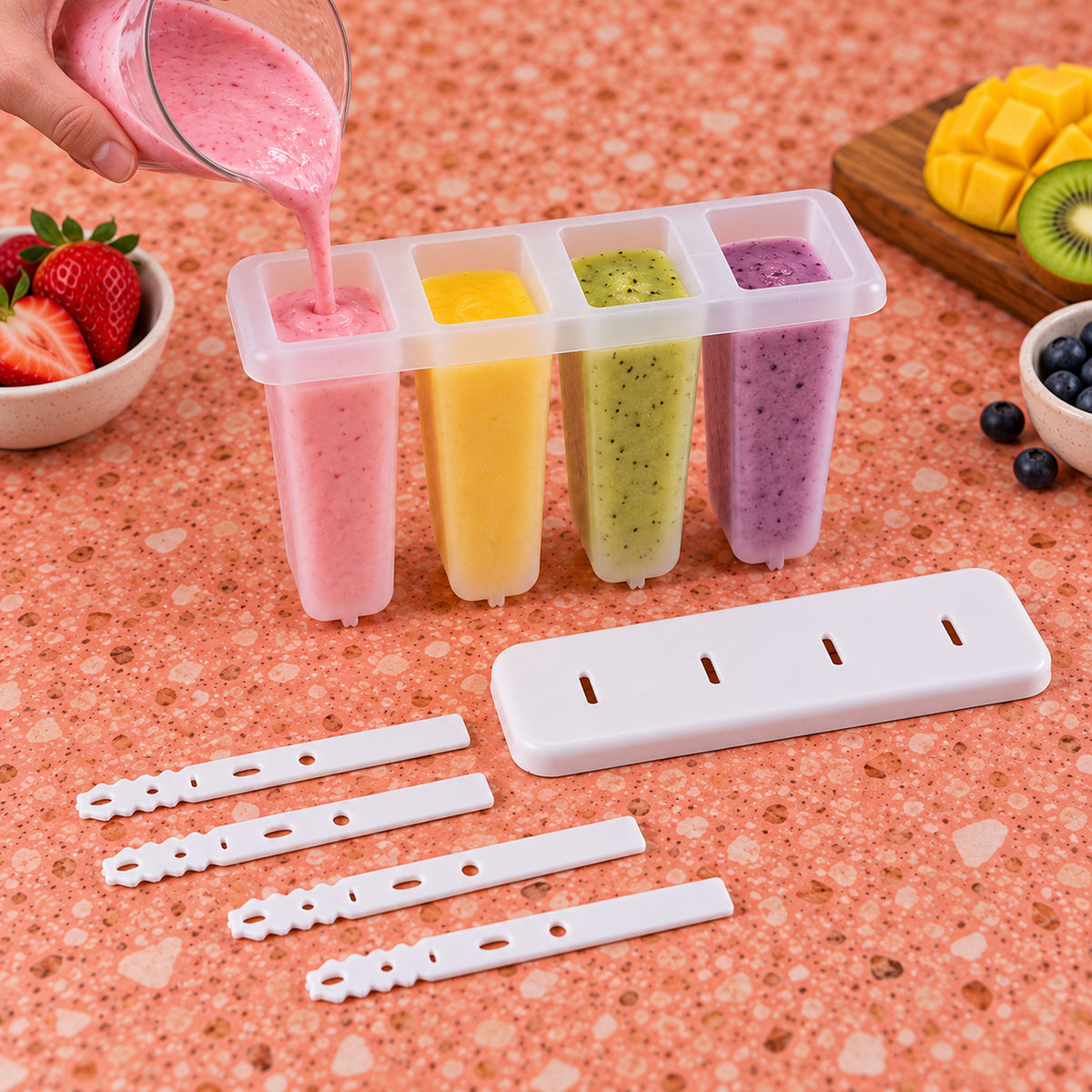A hand pours pink smoothie mixture into a white 4-cavity popsicle mold, surrounded by fresh fruits and three other colorful