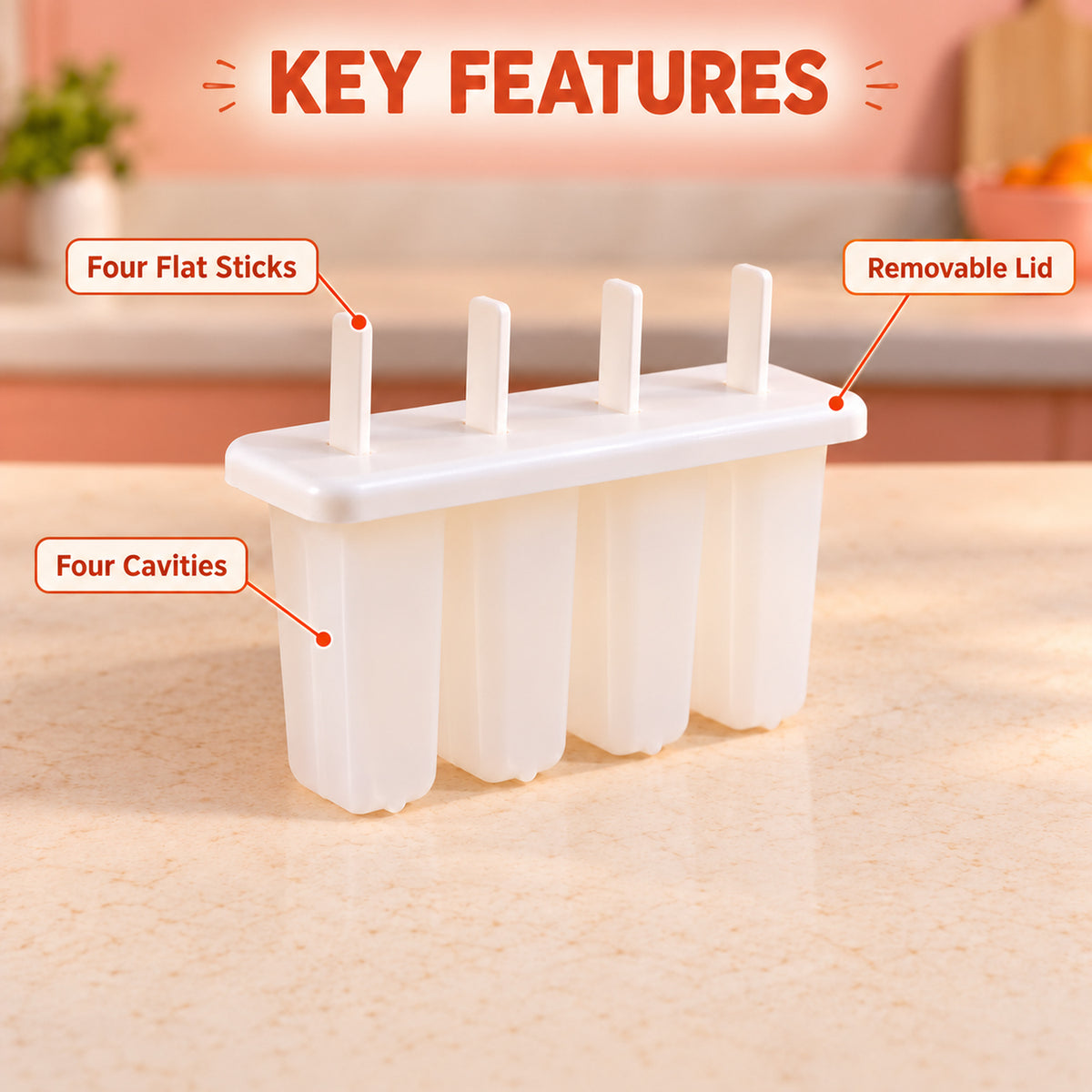 A white 4-cavity popsicle mold with sticks highlights its key features: four flat sticks, removable lid, and four cavities.