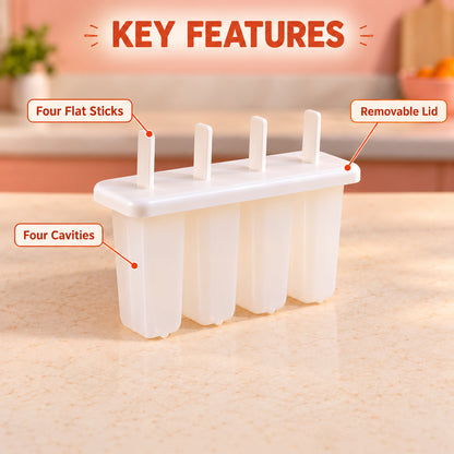 A white 4-cavity popsicle mold with sticks highlights its key features: four flat sticks, removable lid, and four cavities.