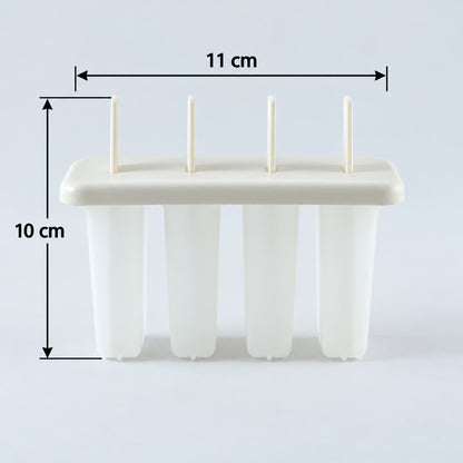A white 4-cavity popsicle mold with sticks inserted, displaying its height of 10 cm and width of 11 cm with black arrows.