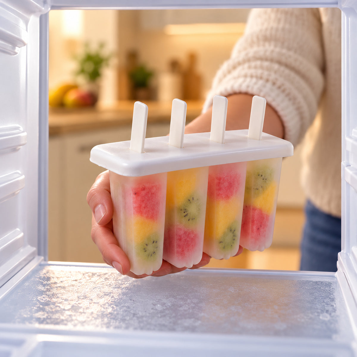 A hand holds a white 4-cavity popsicle mold with colorful fruit pops inside, viewed from within a frosty freezer.