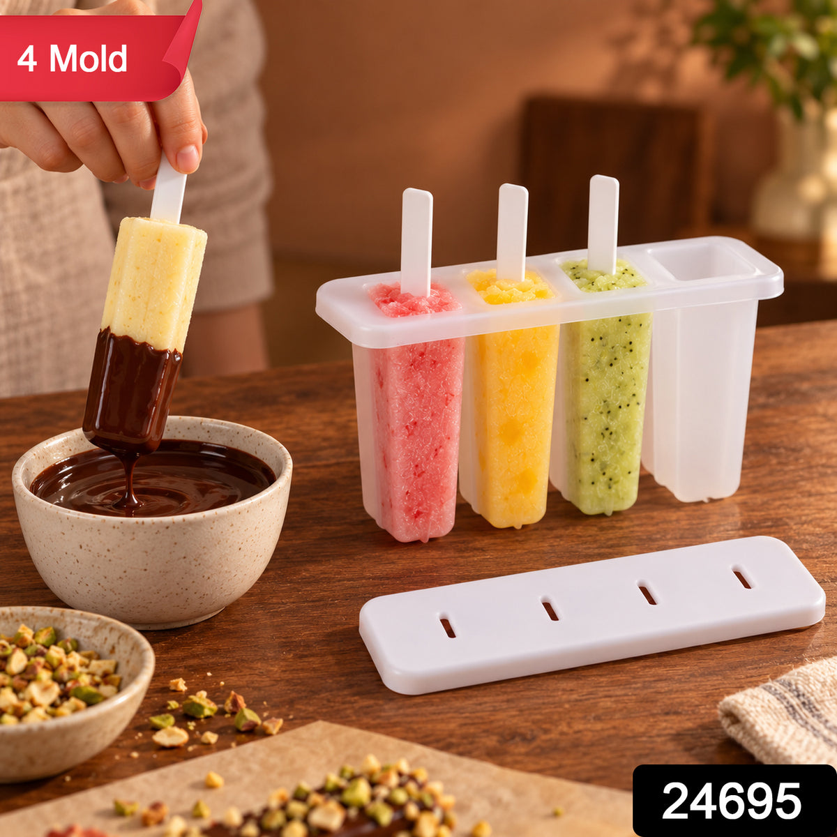 A hand dips a yellow popsicle into a bowl of melted chocolate, with a white 4-cavity mold holding three colorful – view 10