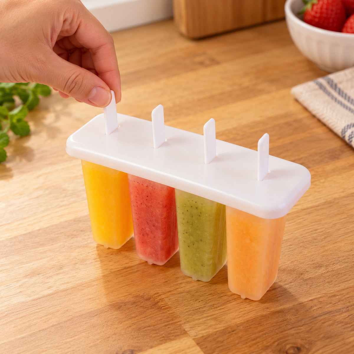 Reusable four cavity popsicle mould with lid and removable sticks 07