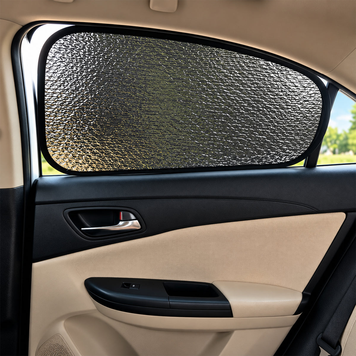 A silver reflective sunshade with a black frame covering a car's rear side window, showing the interior door panel.