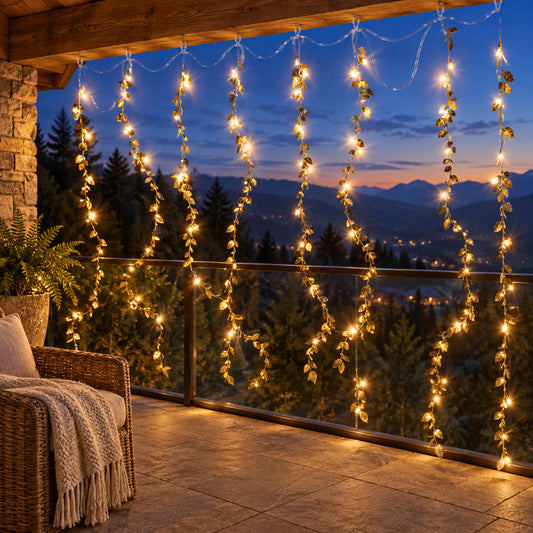 Golden leaf curtain string lights on a balcony