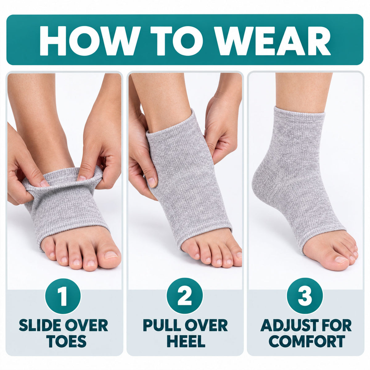 Steps showing how to pull on and position the ankle sleeve