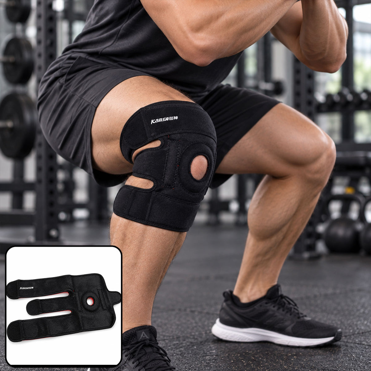 Adjustable open-patella knee support worn around a knee