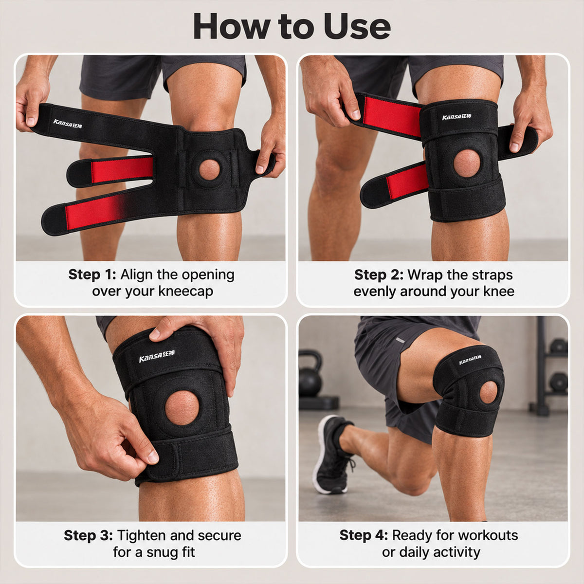 Align opening wrap straps and fasten knee support