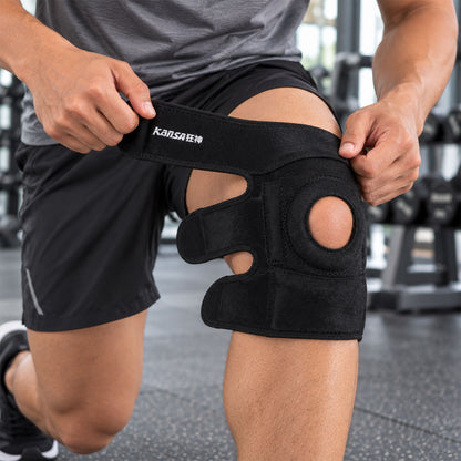 Adjustable knee support strap being fastened