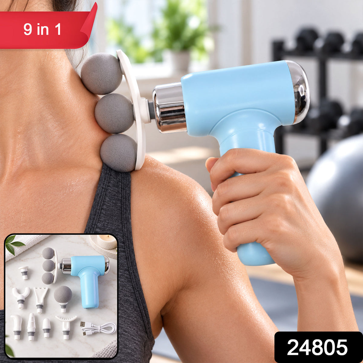A person uses a light blue massage gun with three grey spherical heads on their shoulder, with a red "9 in 1" label.